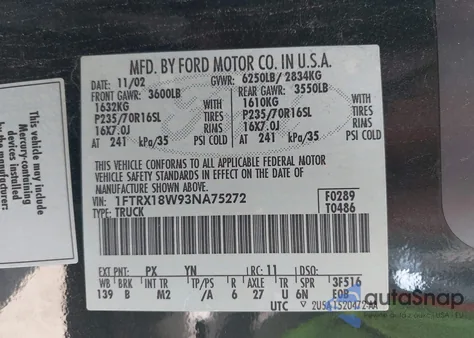 2003 Ford F-150 Lariat/Xl/Xlt из США, поврежденный, VIN 1FTRX18W93NA75272